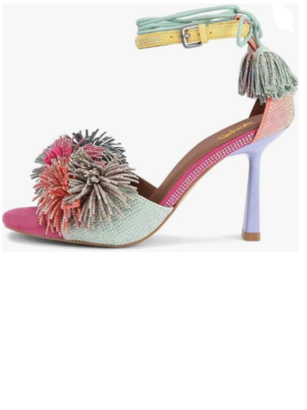 XYD Pink Green Open Toe Rhinestones Studs Multicolored Tassel Lace-up Sandals